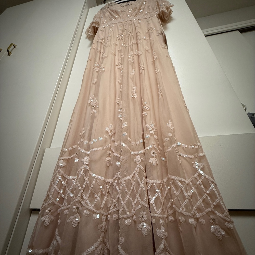 NWOT | Mac Duggal 9144 Pink/Blush Flounce Sleeve Embellished Mesh Gown Size 10 - Picture 9 of 15
